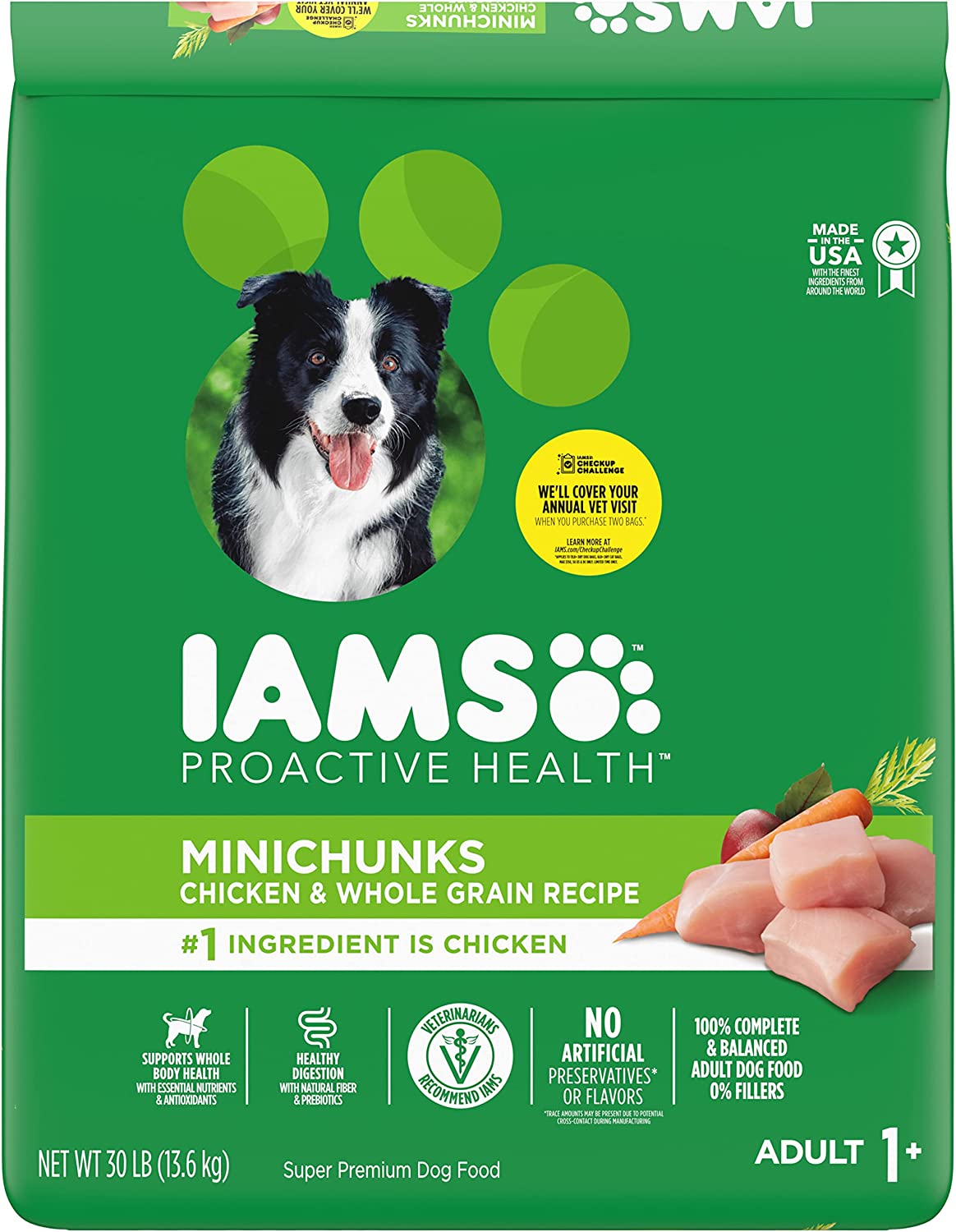 IAMS Adult Minichunks Small Kibble High Protein Dry Dog Food with Real Chicken, 30 lb. Bag